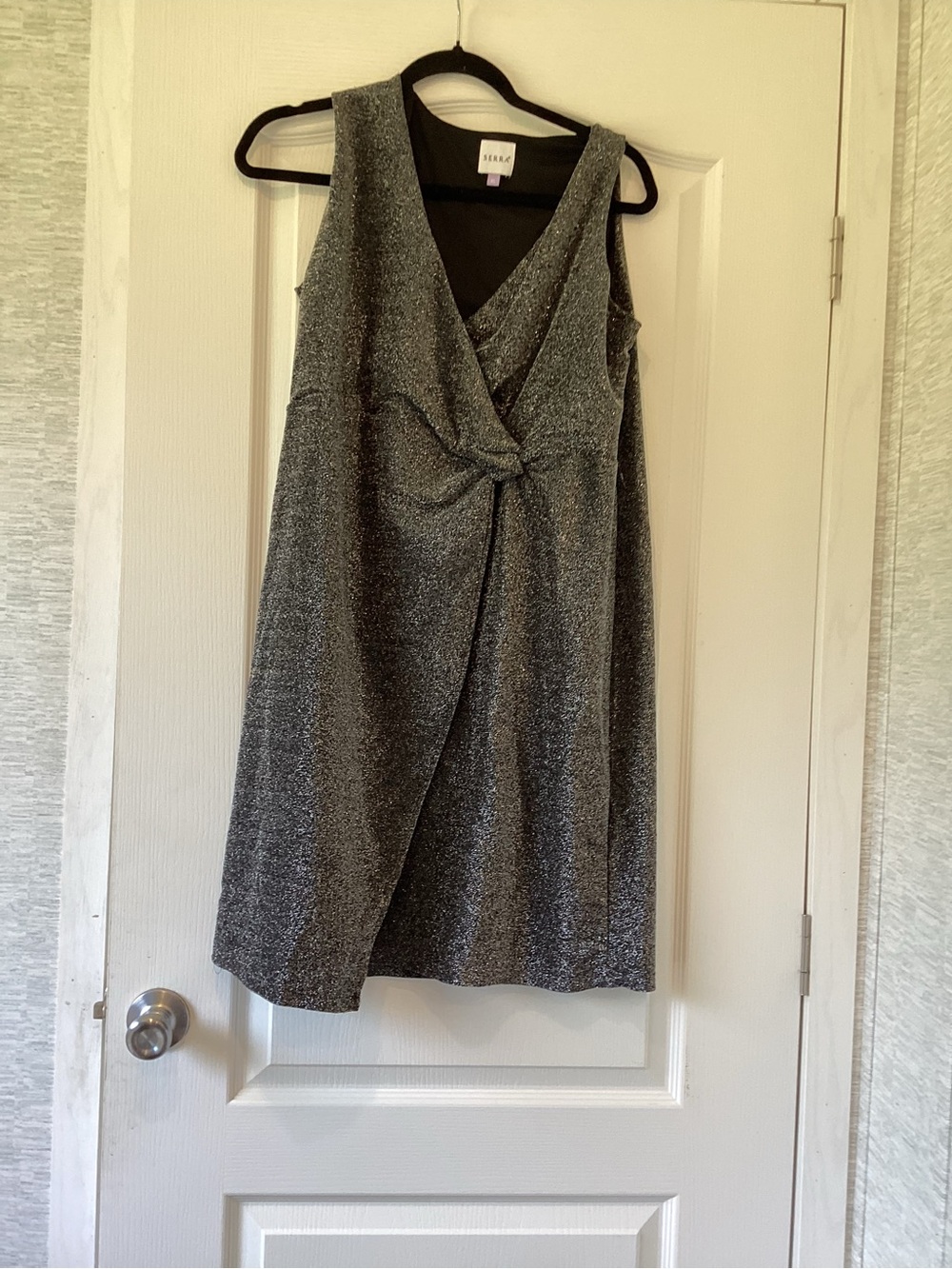 Serra Metallic Silver Wrap-Front Midi Dress XL EUC